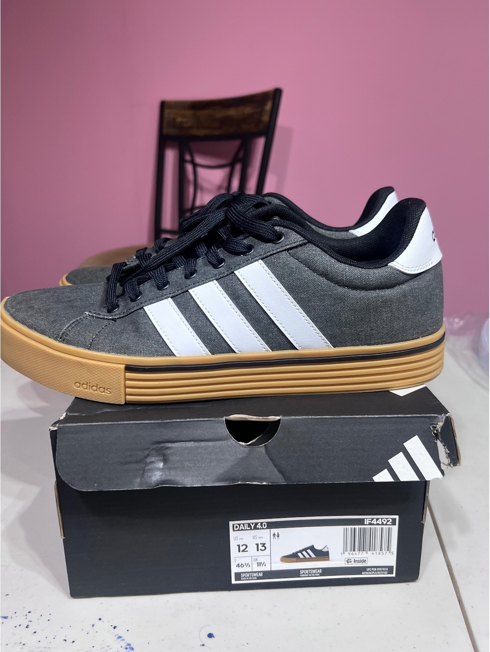 Adidas Daily 2.0 Sneakers in Gray with White Stripes and Gum Sole, Size 12 US